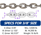 G43 ISO AISI 316 Marine Grade Stainless Steel Anchor Chain | Mirror Polished Finish | Marine Grade | ISO G43 (Choose Size and Length)