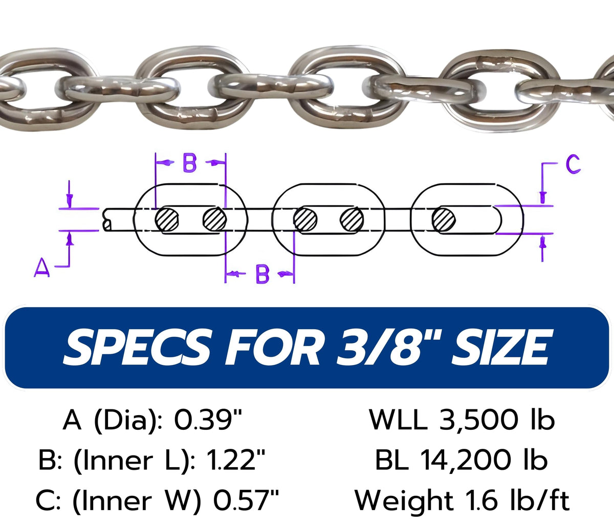 G43 ISO AISI 316 Marine Grade Stainless Steel Anchor Chain | Mirror Polished Finish | Marine Grade | ISO G43 (Choose Size and Length)