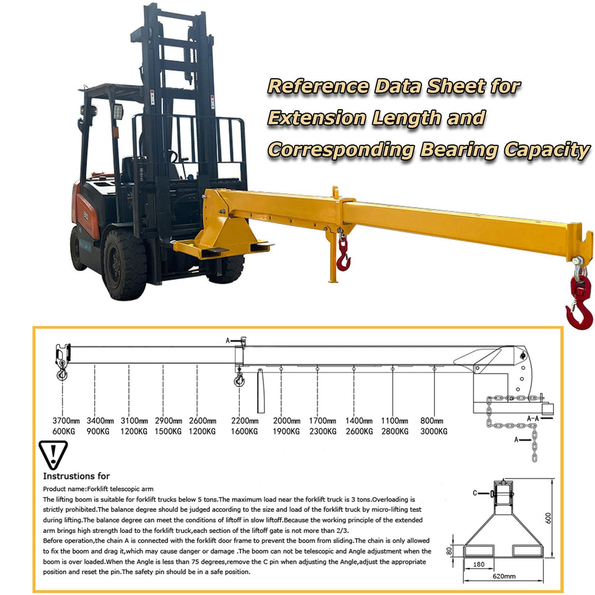 INTSUPERMAI Forklift Jib Boom Crane with Adjustable Tilt Angle 3 Ton / 6600 LB Forklift Mobile Crane Adjustable Forklift Crane Attachment with Truss Hoist Jib Boom Hook Max 12.14ft/3.7m Length