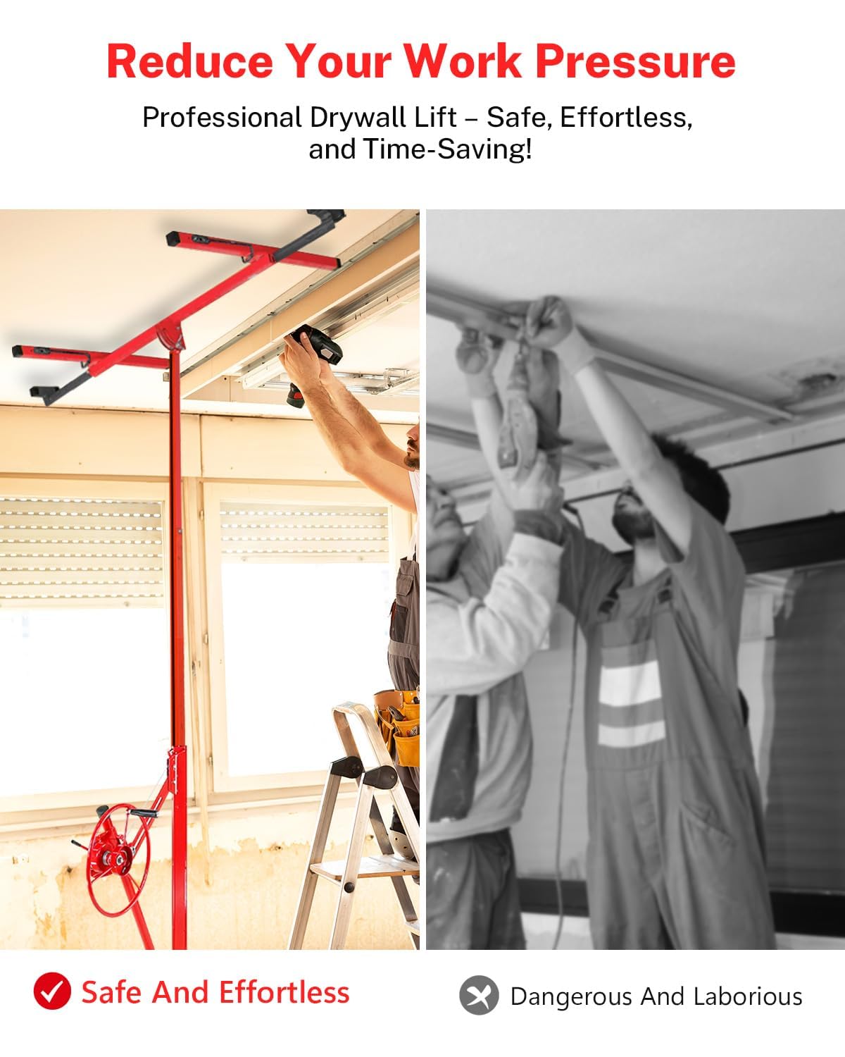Adjustable Drywall Lift 11FT Heavy Duty - 150Lb Capacity Steel Panel Hoist with Telescopic Arm & Locking Wheels, Single Person Drywall Lifter, Sheetrock Lift for Ceiling Installation