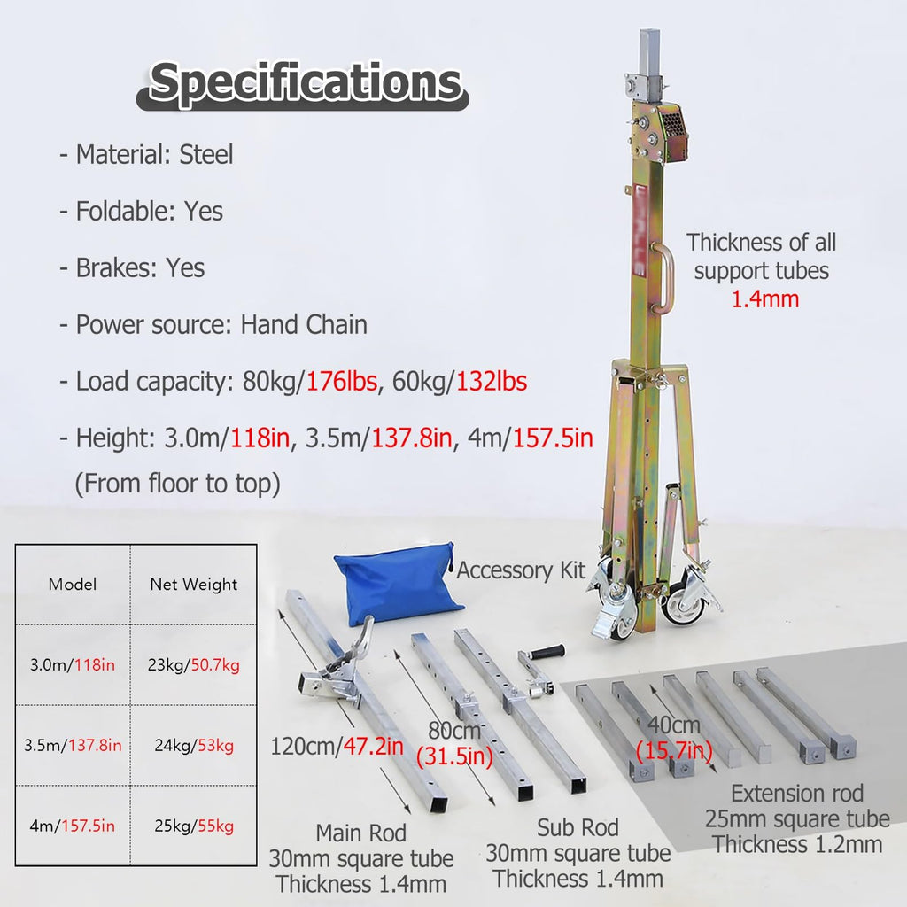 Drywall Lift Panel Rolling Hoist Jack Lifter,One-Person Operation Panel Hoist Jack Too,Drywall Lifter for DIY and Home Renovation (H3.0m/9.8ft)