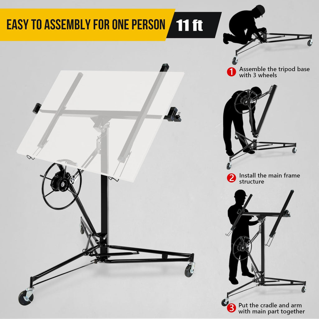 Heavy Duty 11FT Drywall Panel Lift, Telescopic Steel Arm & Locking Wheels