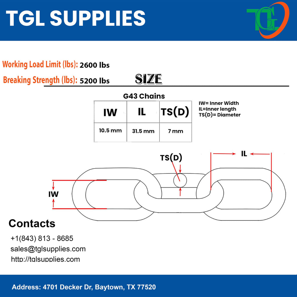 1/4 Chain G43 High Alloy Steel with 2600 lb. Working Capacity and 5200 lb. Breaking Strength (1/4" G43 (1.24 Inch x 0.41 Inch), 100 Feet)