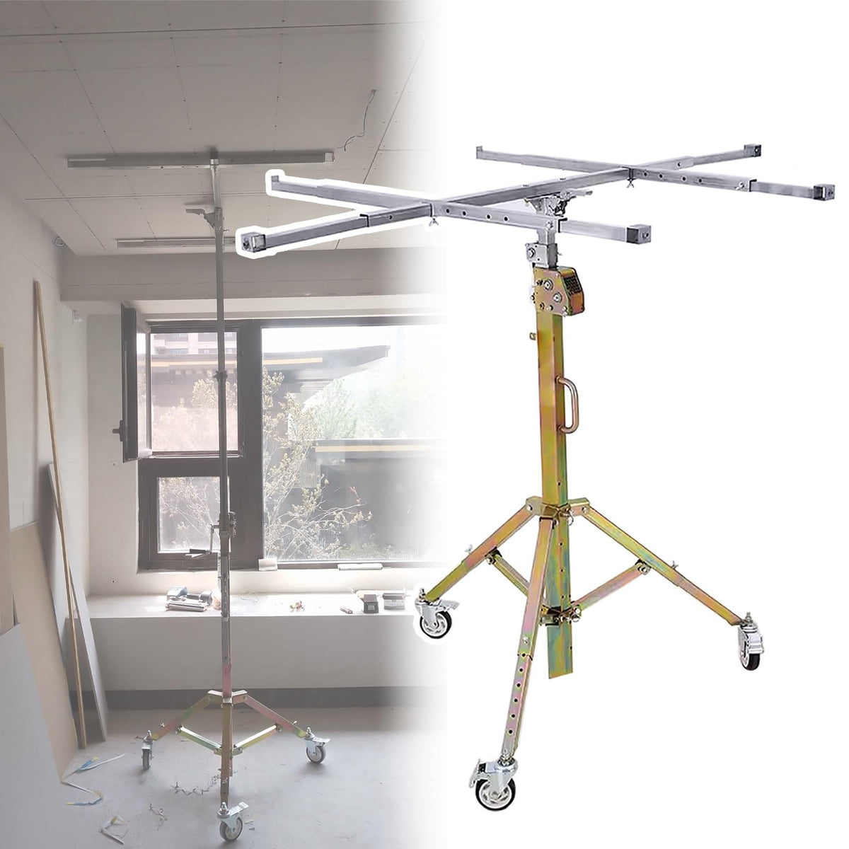 Sheetrock Jack For Ceiling - Labor Saving Drywall Sheetrock Lift for Site Construction - Drywall Lift Panel Hoist with 3 Lockable Wheels - 360° Adjustable Plaster Board Lifter(Max H 9.8ft/3.0m/118in)