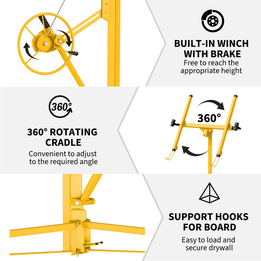 Heavy-Duty 11 ft Drywall Lift - 150 lb Sheetrock Hoist Jack, 4-9.5 ft Telescoping Arm, 360° Adjustable Head, 3 Locking Wheels for Ceiling Installation