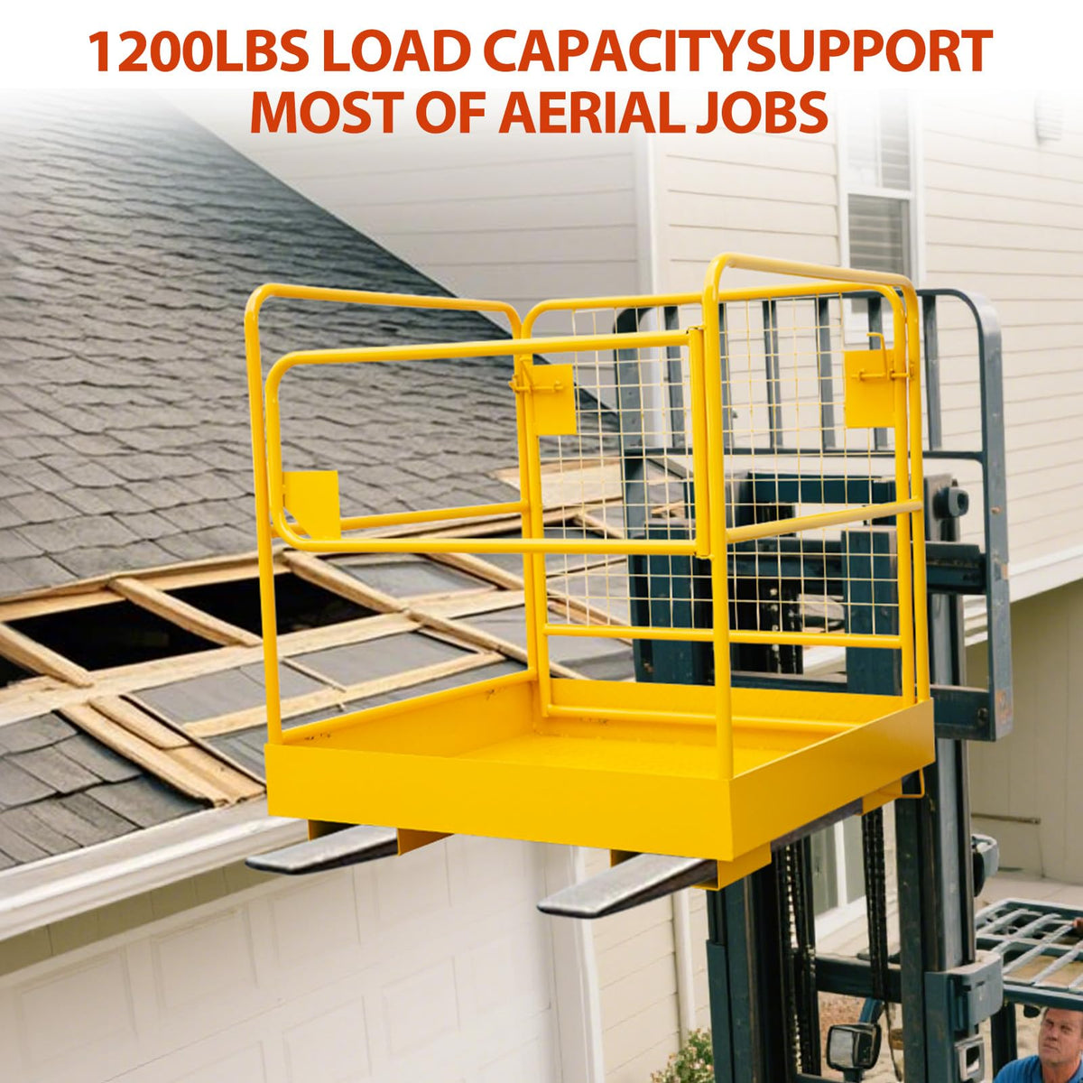 36"x36" Foldable Forklift Safety Cage, 1200LBS Yellow Capacity Work Platform with Safety Harness & 4 Wheels Aerial Platform for Lifting Loader