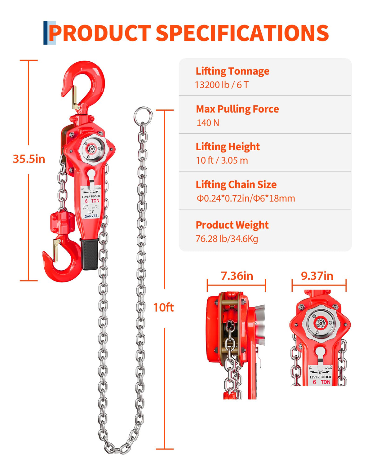Lever Chain Hoist 6 Ton 13200 LBS 10FT, Manual Ratchet Chain Puller Come Along, Heavy Duty G80 Steel with 360° Swivel Hooks for Garage Warehouse Construction Lifting