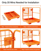 36"x36" Collapsible Forklift Work Platform, Heavy Duty 1200 Lbs Capacity Aerial Safety Cage with 4 Wheels and Chain for Secure Loader Lifting, Orange