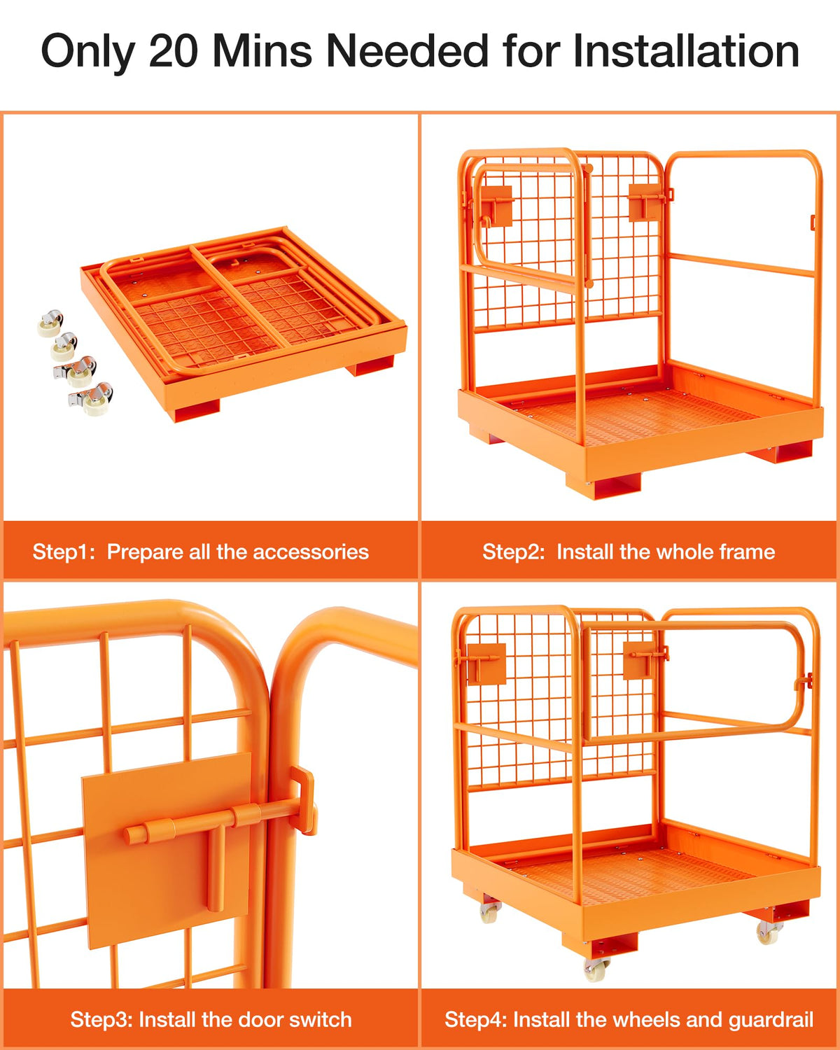 36"x36" Collapsible Forklift Work Platform, Heavy Duty 1200 Lbs Capacity Aerial Safety Cage with 4 Wheels and Chain for Secure Loader Lifting, Orange