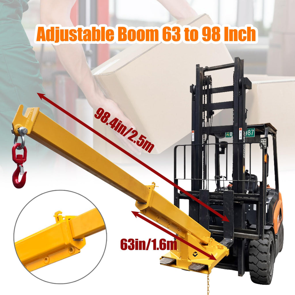 Adjustable Forklift Jib Boom Crane Forklift Mobile Crane, Fork Mounted Telescoping Crane Jib Boom for Warehouse or Factories, Adjustable Boom 63"-98", 4400 LB/ 2T Capacity