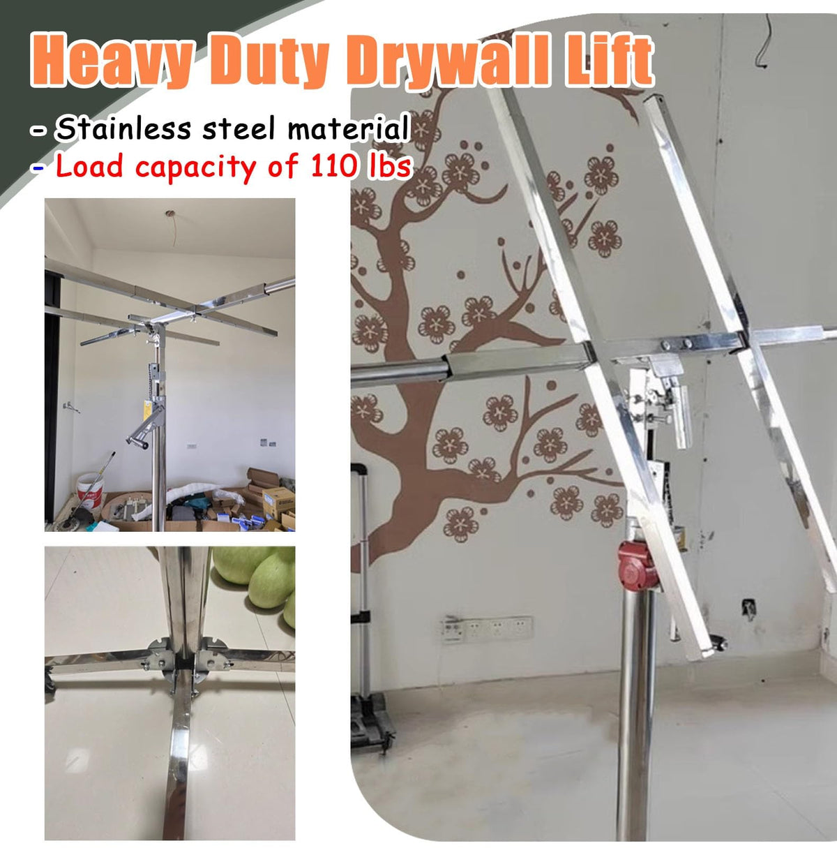 Drywall Lift Heavy Duty Drywall Panel Lifter for Ceilings, Stainless Steels Plaster Board Hoist, Construction Lockable Tool, 50kg Mobile Sheetrock Rise Assist(2.8m(9ft))