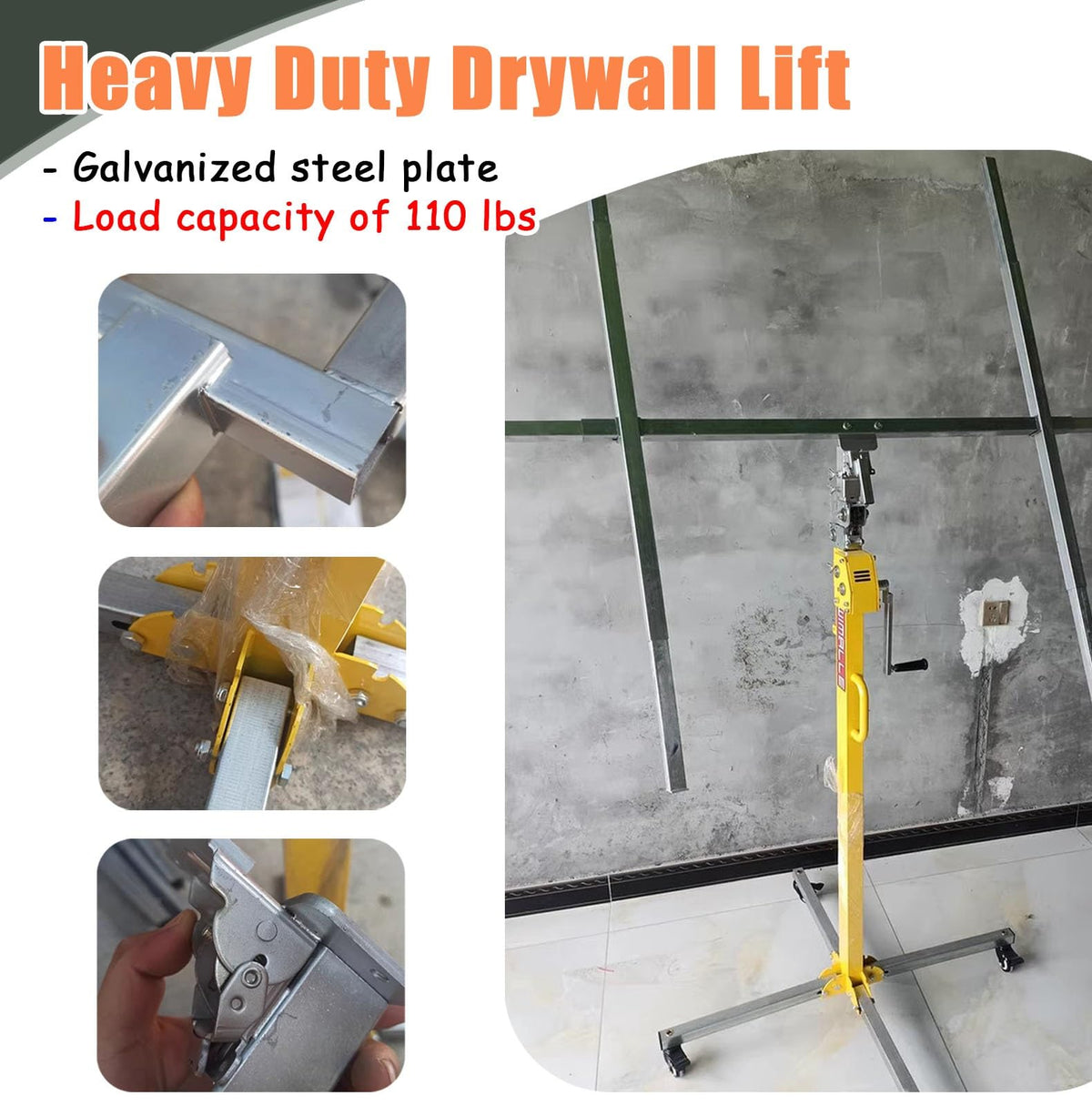 Drywall Lift Heavy Duty Drywall Lifter Panel Hoist, Saving Labor Plasterboard Lifter Ceiling, Sheetrock Lifting Tool with Lockable Wheels, for Garage, Home(3.0 m(10ft))