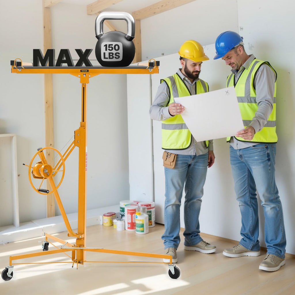VEVOR 11ft Drywall Lift Heavy-Duty 150 lbs Mobile Sheetrock Hoist Yellow