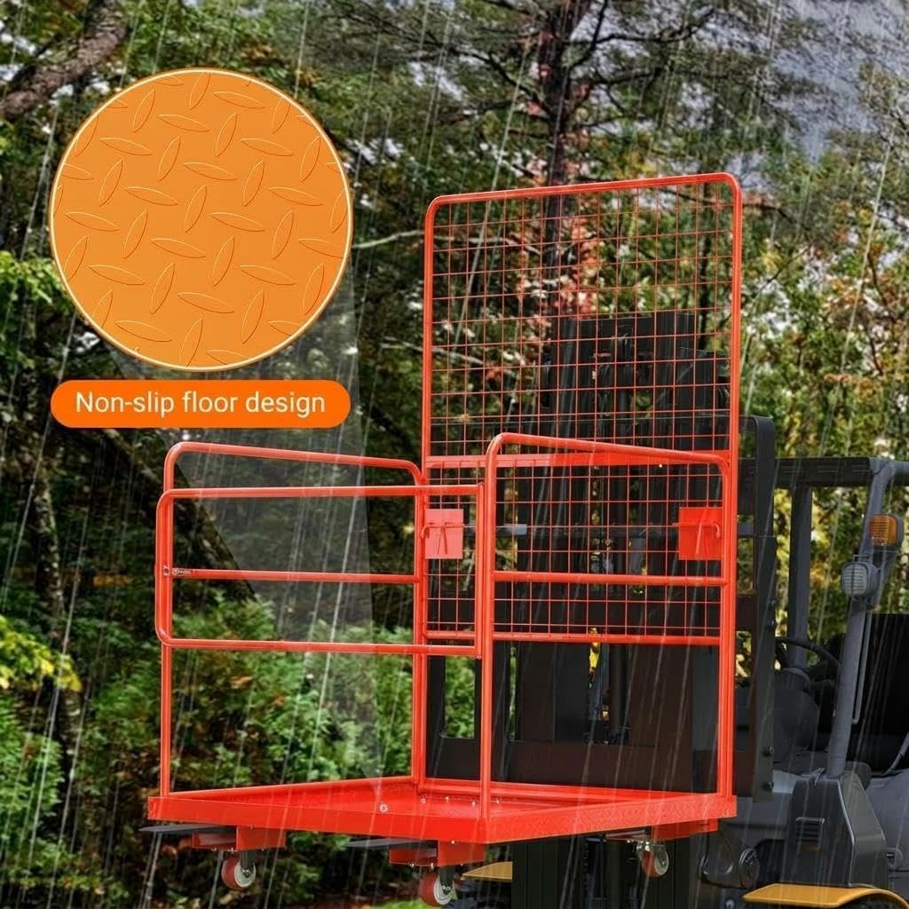 Garvee Industrial Steel Forklift Safety Cage – 1,400 lbs Capacity Man Basket with Collapsible Platform, Guardrails, Safety Harness & Wheels – Heavy-Duty Facility Barrier