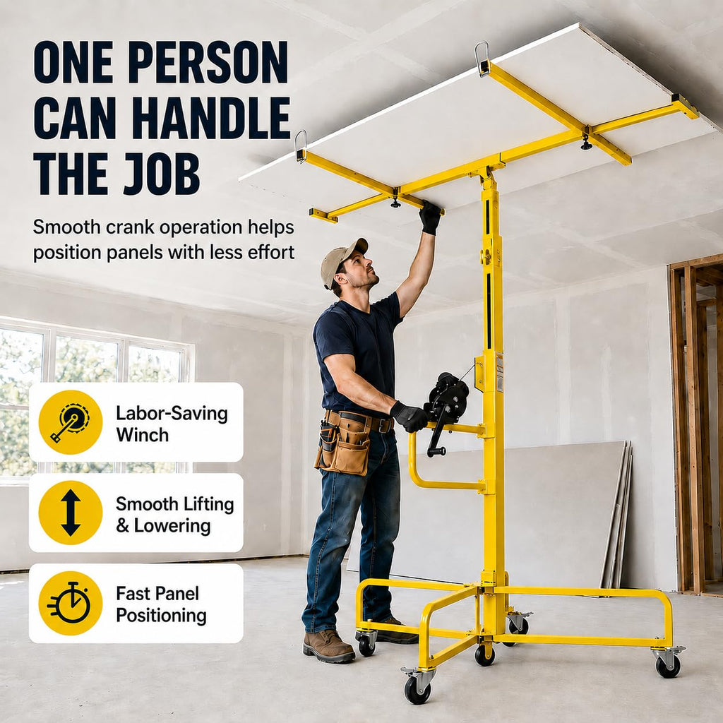 16FT Drywall Lift Sheetrock Lift, 150LBS Drywall Lift Panel Hoist with 4 Lockable Wheels for Ceiling, Drywall Rolling Lifter Panel, Drywall Jack Lift for Home & Commercial Use, Yellow