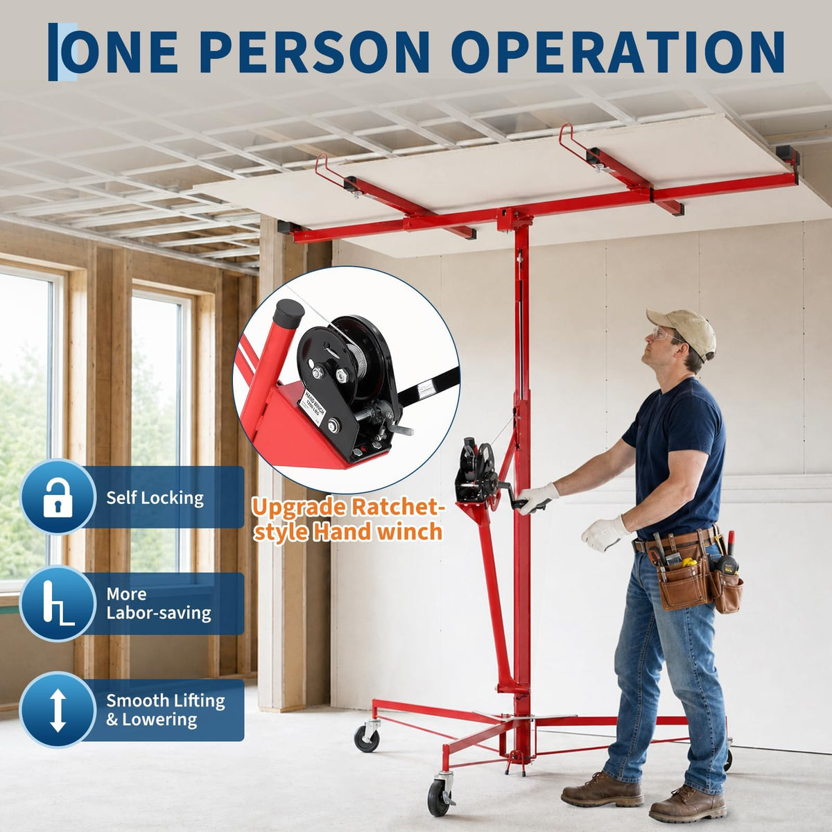 11FT Drywall Lift, Heavy Duty Sheetrock Hoist, Adjustable Height 150 LBS Capacity for Ceiling Wall Installation,Red