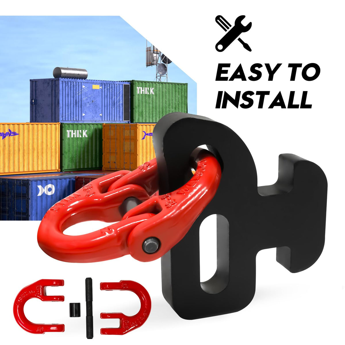 Bundle - 1/2" x 5' G80 Shipping Container Loading Chain with 2 Pack Bridle Hooks & Butterfly Clamps, Heavy Duty Cargo Securing Tie Down for Container Freight