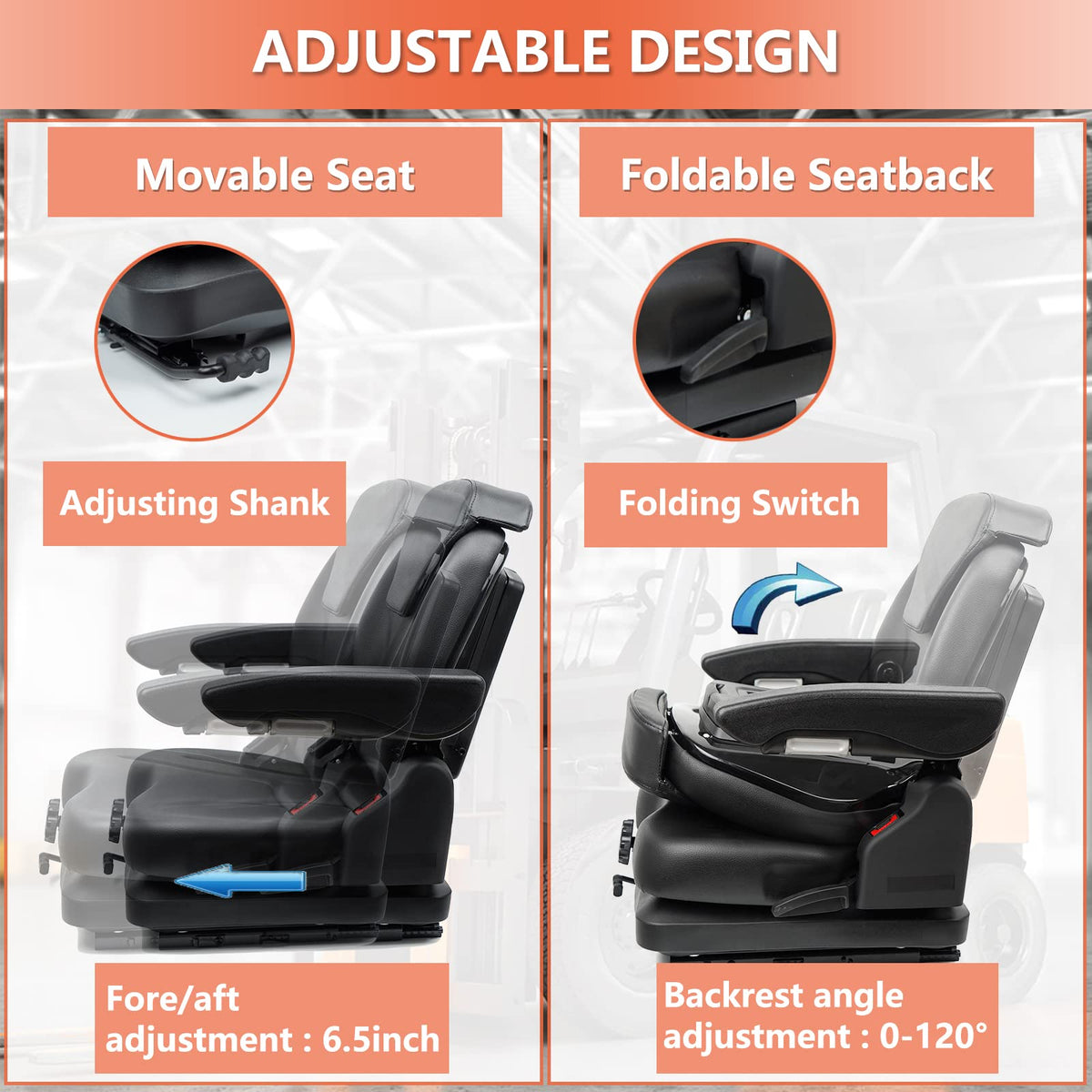 Tractor Suspension Seat, Fold Down Forklift seat with Adjustable Angle Back, Micro Switch, Seatbelt and Armrests, Highback Low Suspension Heavy Duty for Tractor Mower Excavator Harvester