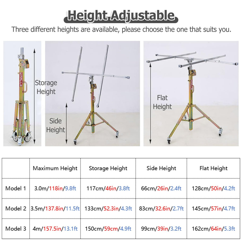 Portable Sheetrock Lift Drywall Lift - 170lbs Heavy Duty Drywall Hoist for Ceiling & Walls - Hoverable Adjustable Drywall Hoist Panel Lift for Gypsum, Wooden, Metal, PVC Board(Maximum 4m/157.5in/13.1f
