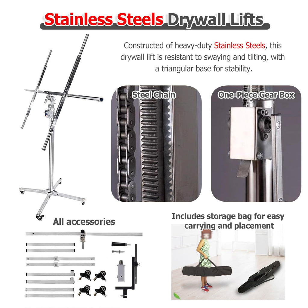 JYHHCYS Drywall Panel Hoist Jack Lifter, Heavy Duty Sheetrock Hoist for Home & Commercial Improvement, One-Person Drywall Installation for Ceiling and Walls, 50 Kg Capacity(Large - Max H 13.1ft/4m)