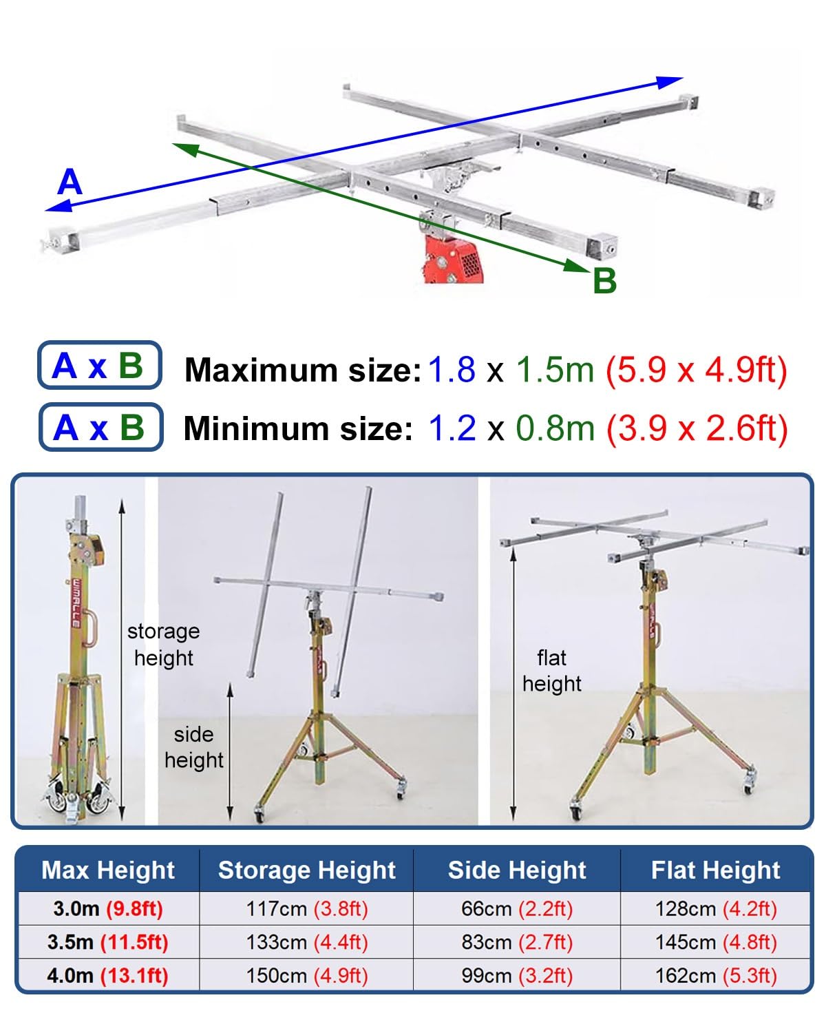 ZIMGOD Steel Drywall Panel Hoist with Telescopic Arm & Lockable Caster, Adjustable Height Drywall Jack Lift, Labor-Saving Sheetrock Tools Cart 3 3.5 4.0m Tall(Max Height 3.5m/11.5ft)