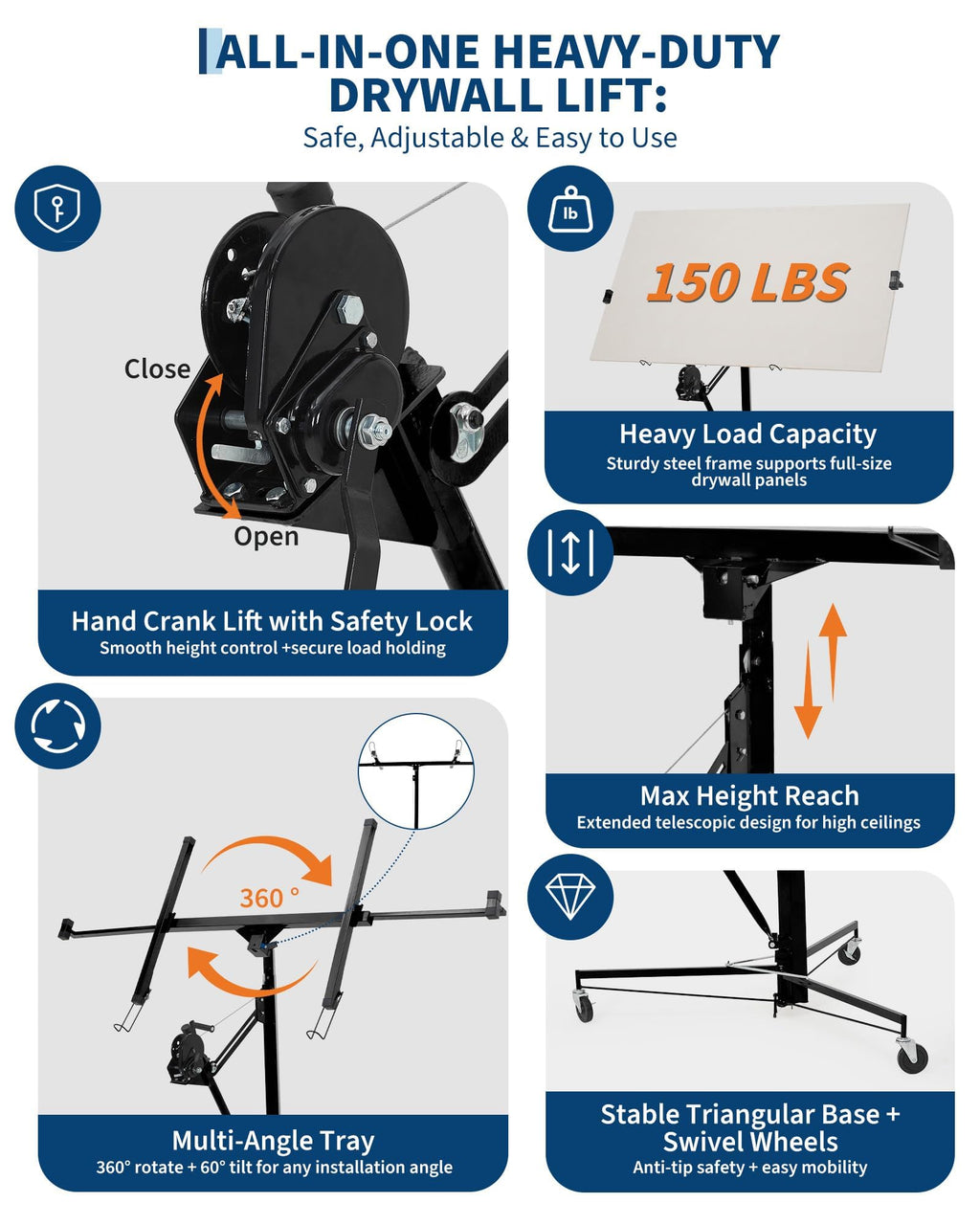 13ft Heavy-Duty Drywall Lift – 150LB Capacity Sheetrock Panel Hoist for Ceiling Installation, Single-Person Adjustable Material Lifter – Black
