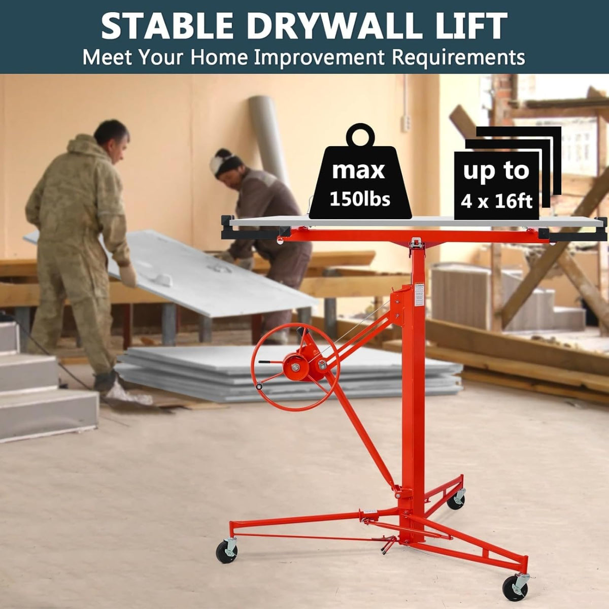 11 FT Drywall Lift Jack with Locking Casters, 150Lbs Capacity, Telescopic Hoist for Ceiling & Wall Sheetrock, Tool-Free Assembly, One Person Operation for Residential Use
