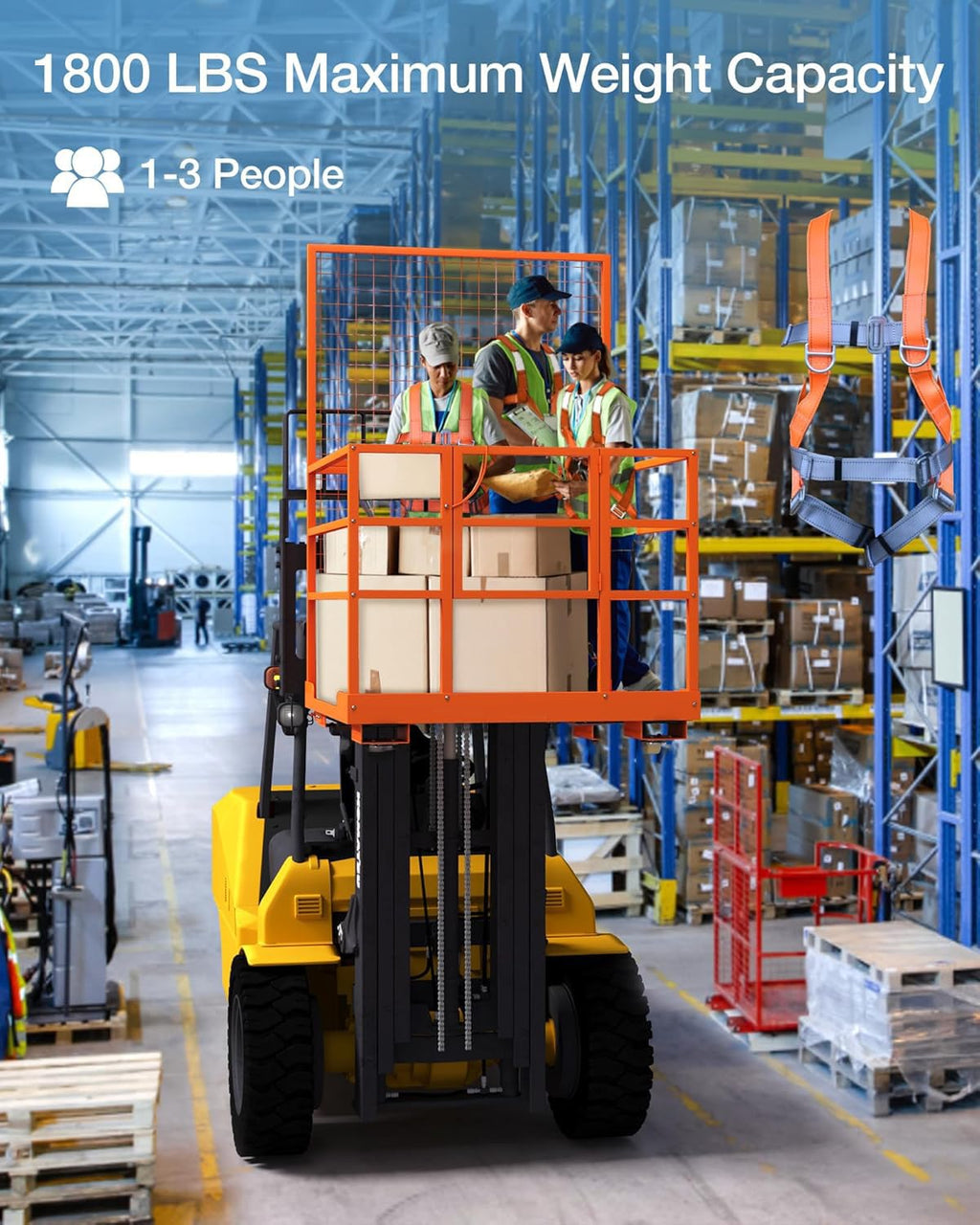 Heavy Duty 2-Person Forklift Safety Cage Work Platform 43"X45", 1800LBS Capacity Collapsible Forklift Man Basket with Safety Harness & Security Lock, Lift Work Platform for Forklift & Loader