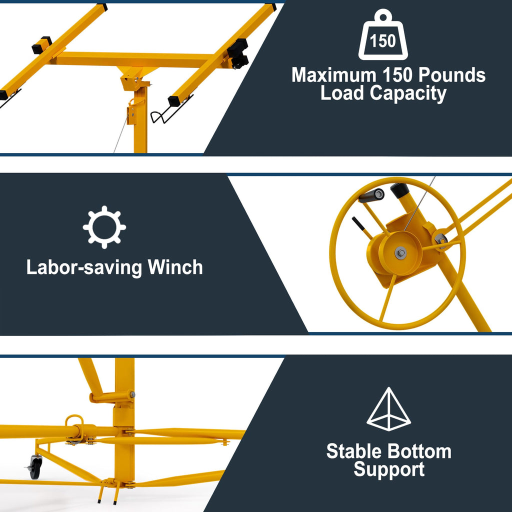 Drywall Lift 13 Ft,Sheetrock Lift Drywall Lifter,150LBS Heavy Duty Rolling Lifter Panel,Hoist Jack with 360° Adjustable Telescopic Arm & 3 Lockable Wheels,Yellow