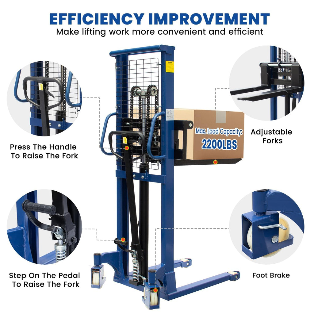 Manual Pallet Stacker 2200 LBS Capacity, 63" Lift Height Hand Pallet Forklift with Adjustable Forks & Fixed Legs, Heavy Duty Warehouse Material Lift for Open Deck Pallets