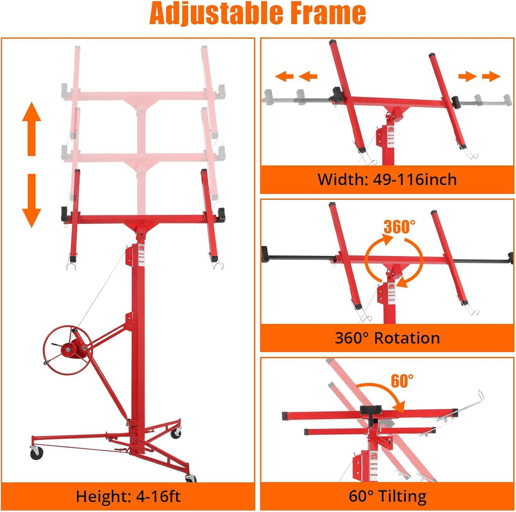 16 FT Drywall Lift Panel Rolling Hoist Jack Lifter, Sheetrock Lift Drywall Lift, Foldable Adjustable Drywall Jack Lift for Ceiling and Walls and Home Improvement, with 3 Lockable Wheels, Red