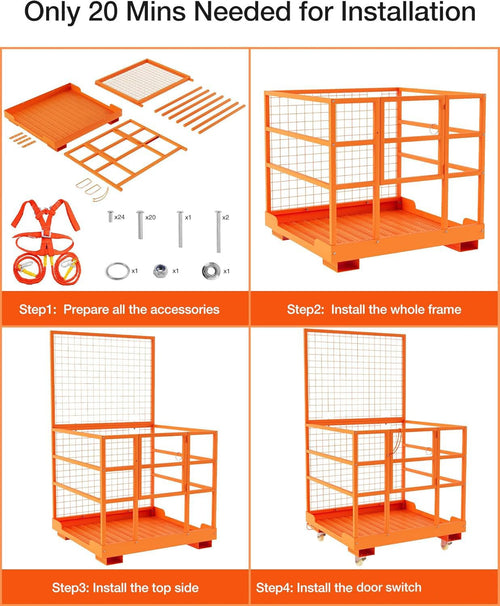 43"x45" Forklift Platform Safety Cage,Work Platform for Loader,Man Basket for Forklift,1800lbs Capacity with Safety Harness & Lock,2-Man Collapsible Lift Basket for Lifting Loader (Orange NO Wheels)