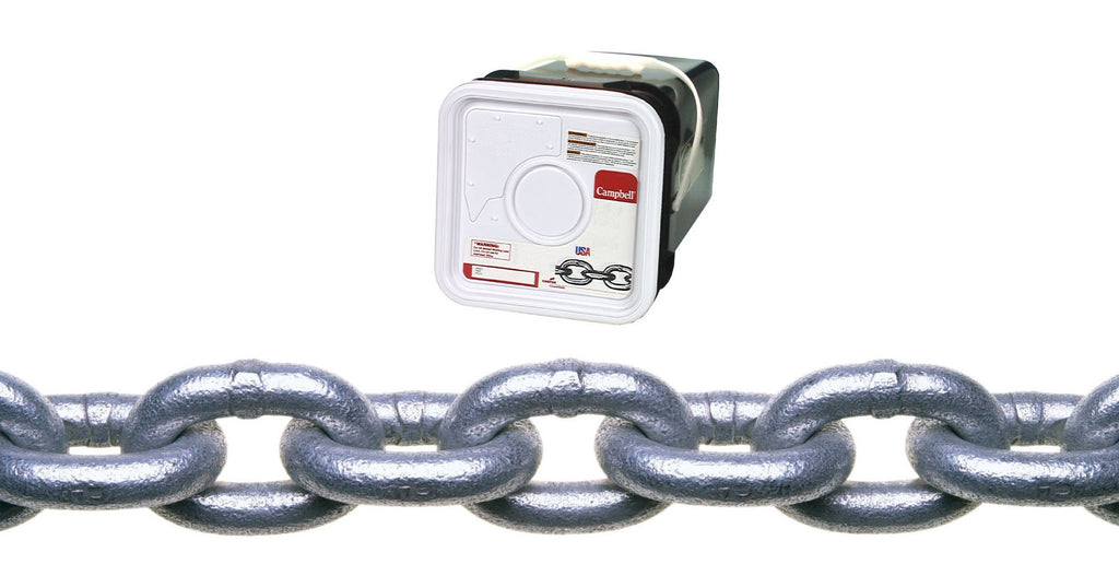 Campbell 0143436 System 3 Grade 30 Low Carbon Steel Proof Coil Chain in Square Pail, Hot Galvanized, 1/4" Trade, 0.26" Diameter, 100' Length, 1300 lbs Load Capacity