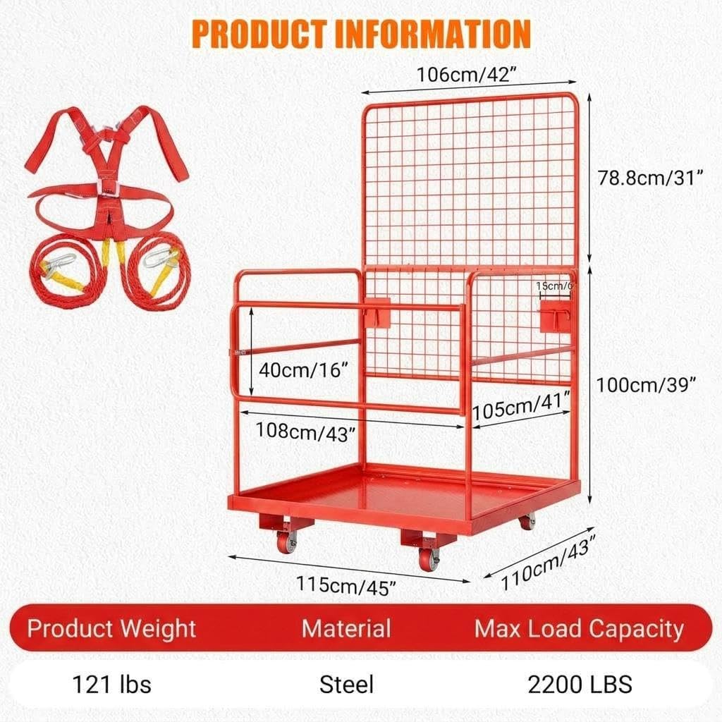 43"X45" Forklift Safety Cage, 1800Lbs Heavy-Duty Forklift Work Platform with Safety Harness,Wheels & Lock, Collapsible Lift Basket for Lifting Loader