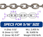 ISO G43 Anchor Chain - High Test 144 µm Micro Premium Marine Thick Hot Dipped Galvanized NACM-Grade Anchor Chain (Choose Size and Length)