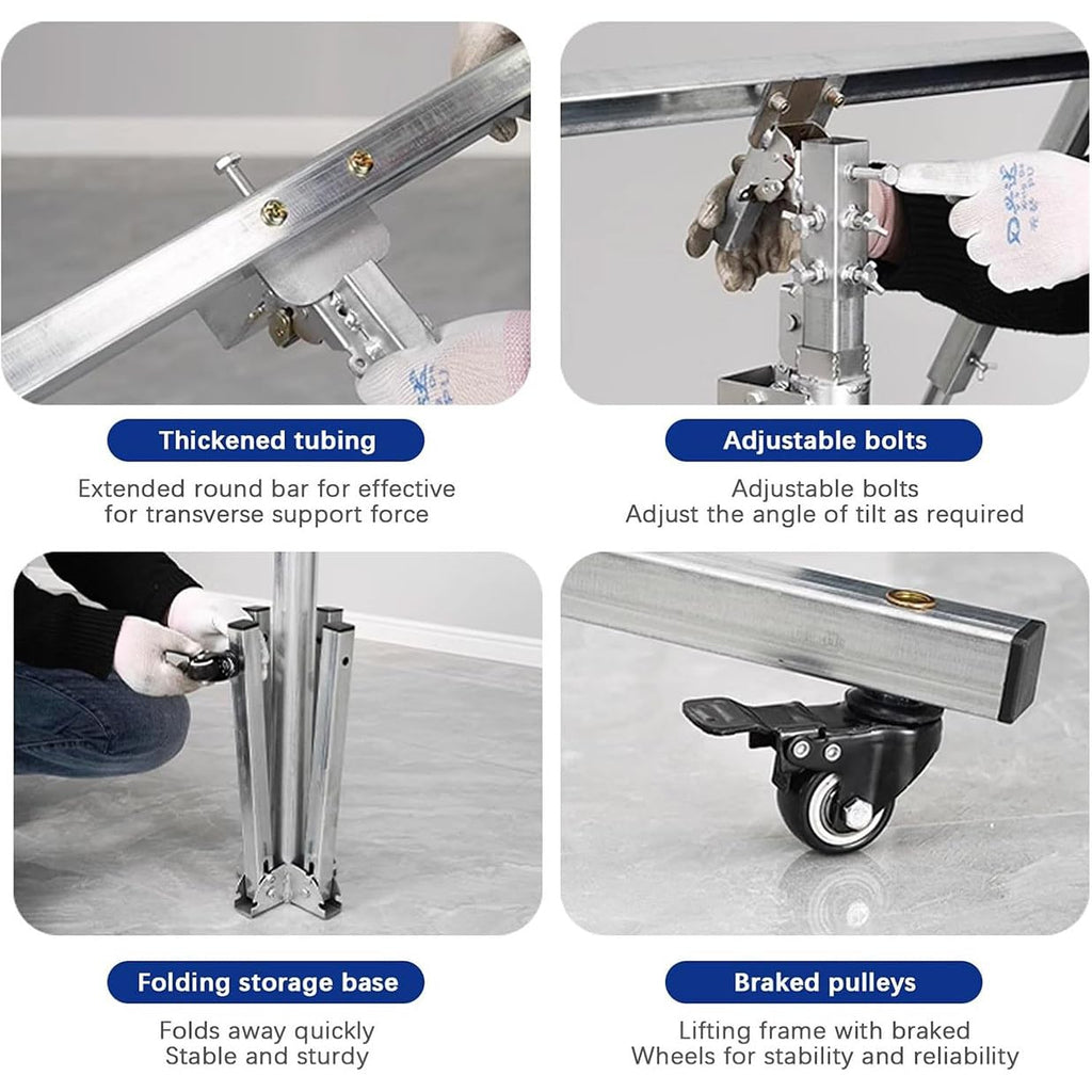 Plasterboard Lifter Drywall Lift Plaster Board Panel Hoist Jack Tool with Lockable Universal Wheels, Strong Load-bearing Capacity, Metal Material, Ceiling Drilling,3.2m