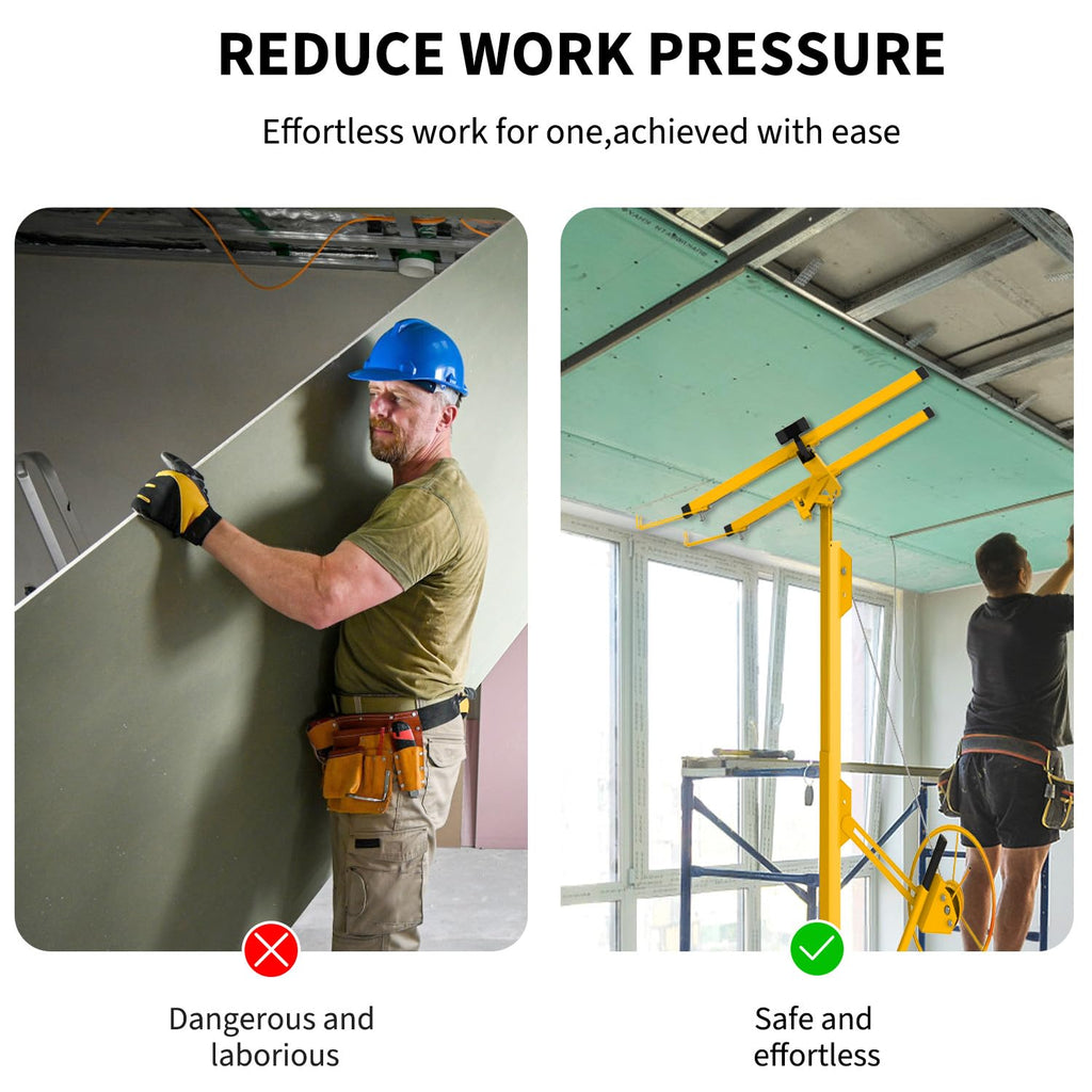 Heavy-Duty 11 ft Drywall Lift - 150 lb Sheetrock Hoist Jack, 4-9.5 ft Telescoping Arm, 360° Adjustable Head, 3 Locking Wheels for Ceiling Installation
