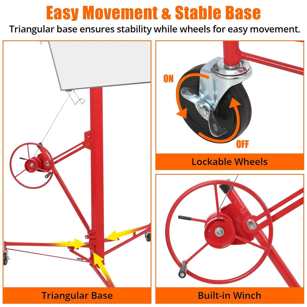 16FT Adjustable Panel Hoist for Ceiling, 150LBS Heavy Duty Drywall Lifter with Lockable Wheels - Red