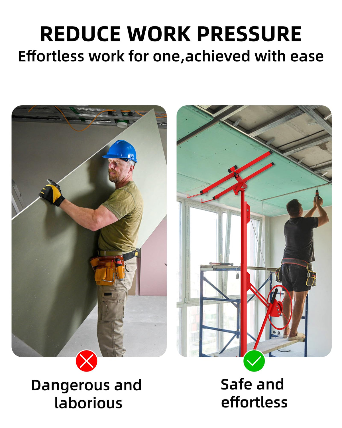 11FT Drywall Lift Panel Hoist – 150 lbs Heavy Duty Capacity – 360° Adjustable Telescopic Arm – 3 Lockable Wheels – Solo Ceiling & Wall Installation – Steel Construction