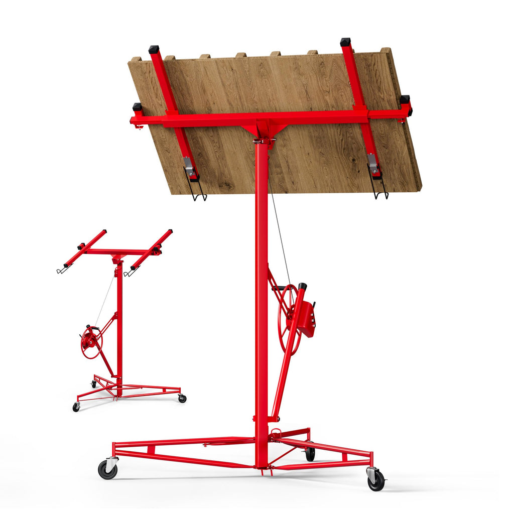 Drywall Lift 16 Ft,Sheetrock Lift Drywall Lifter,150LBS Heavy Duty Rolling Lifter Panel,Hoist Jack with 360° Adjustable Telescopic Arm & 3 Lockable Wheels, Red