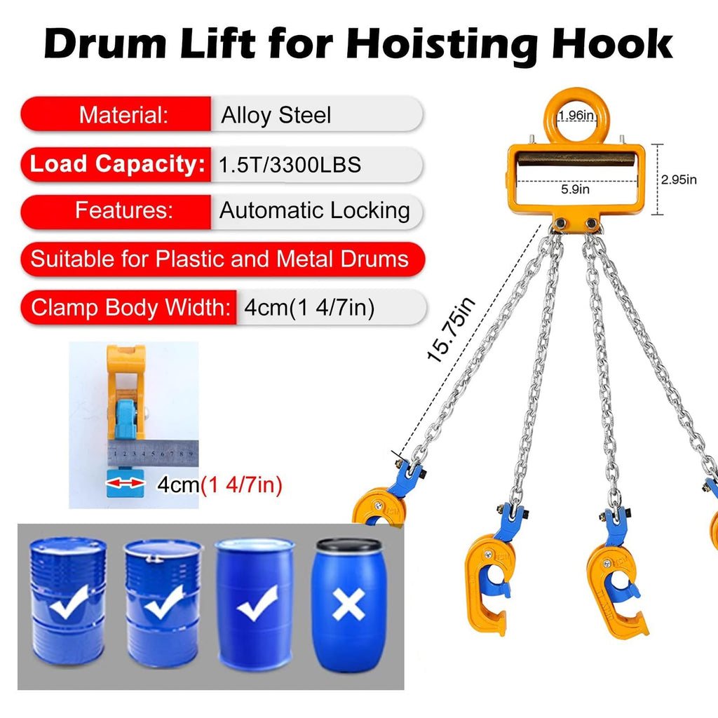 This Heavy Duty Drum Lifting Chain with Self-Locking Hooks for Crane and Forklift Handling