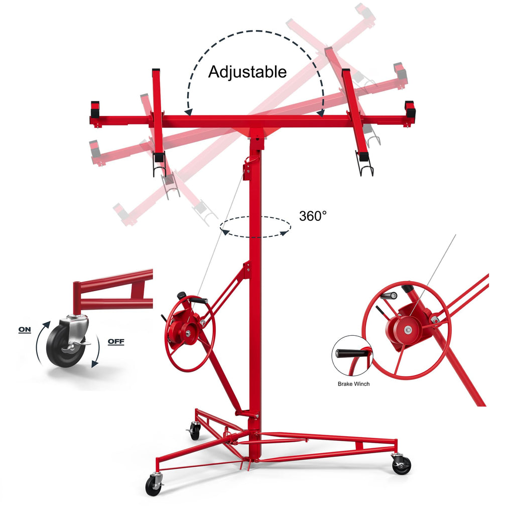 Drywall Lift 16 Ft,Sheetrock Lift Drywall Lifter,150LBS Heavy Duty Rolling Lifter Panel,Hoist Jack with 360° Adjustable Telescopic Arm & 3 Lockable Wheels, Red