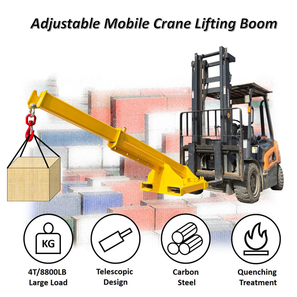 4400LB Adjustable Forklift Mobile Crane, Lifting Forklift Extension Attachments, Fix Angle Jib Boom Crane, W/Telescopic Boom and Hook, for Forklift Towing Handling 63in to 98in Extended Arm