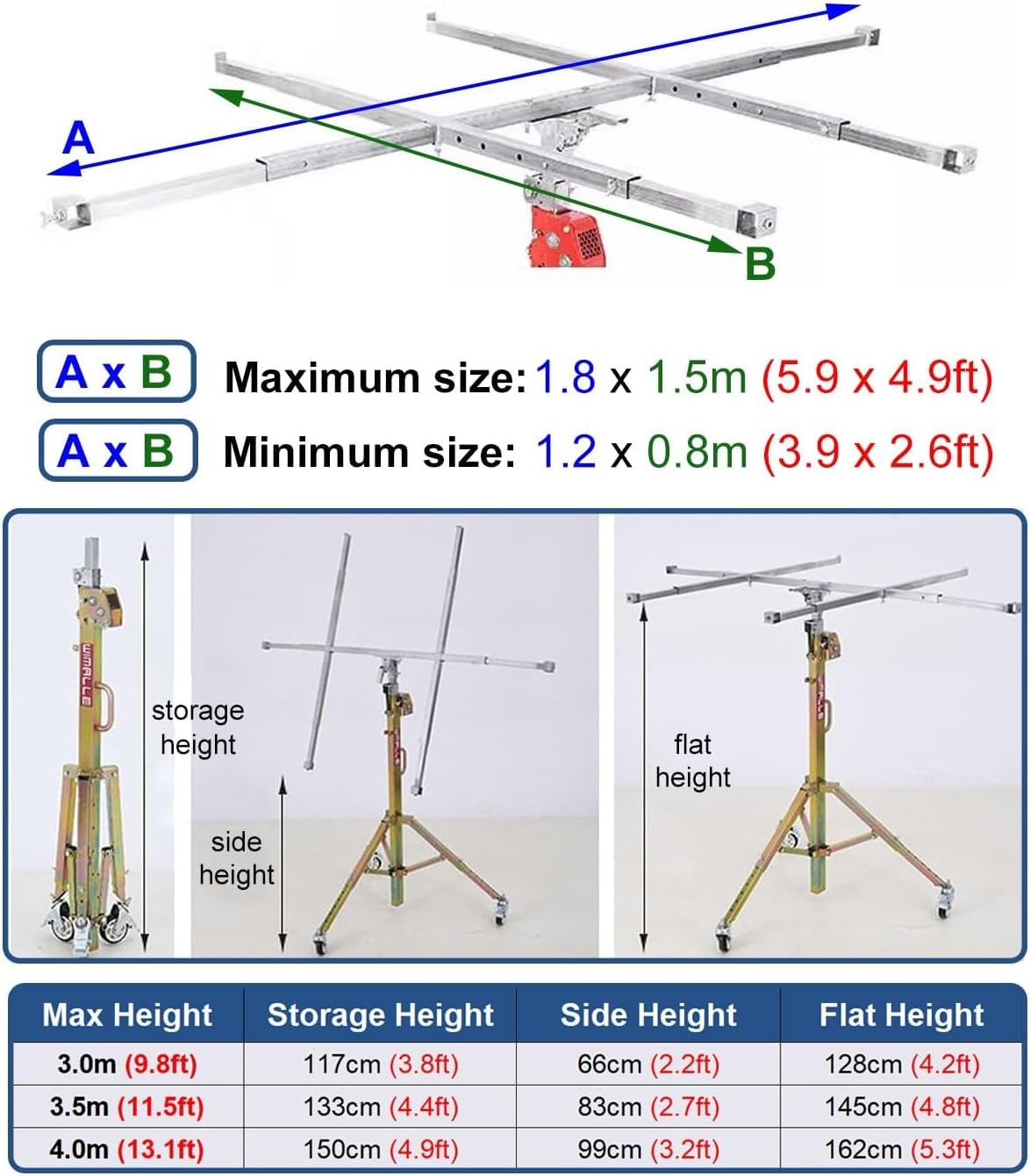 10 11.5 13ft Drywall Panel Hoist with Wheels, Ceiling Sheetrock Lift Drywall Lift, Portable Drywall Jack Construction Tools for Commercial Residential(Max Height 3.0m/9.8ft)
