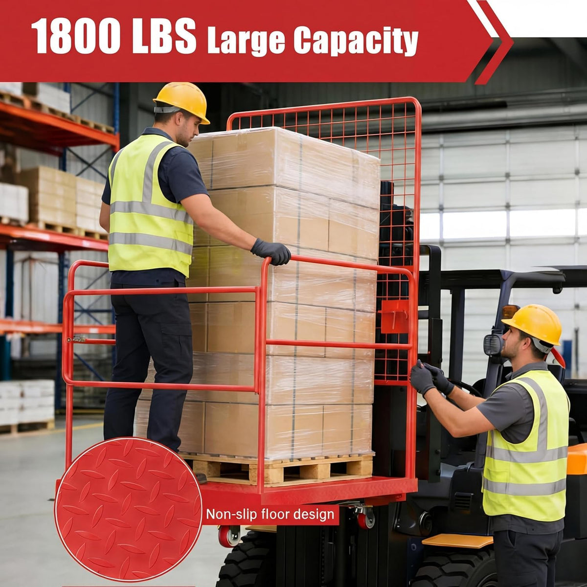 Forklift Safety Cage 43"x45", Heavy Duty Steel Man Basket, 2200lbs Load, Collapsible Work Platform, Safety Harness & Lock, 2-Man Collapsible Lift Basket for Facility Security and Loader Lifting