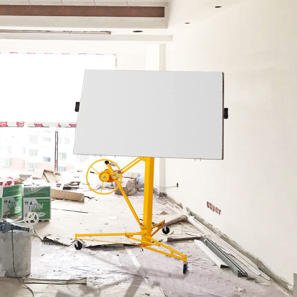 Drywall Lift, 11 FT Rolling Caster Lockable Jack Lifter Portable Panel Lift Construction Tools 150LB Heavy Duty Sheetrock Hoist Holder Suitable for Home and Commercial Use, Yellow
