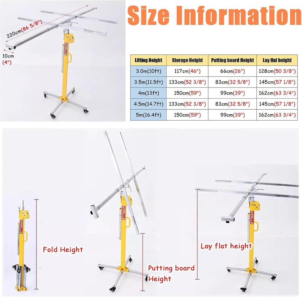 Rolling Plaster Board Lifter, Drywall Lift Drywall Jack Lift with Electric Hammer & Level Bracket, 3.0/4/5 M Drywall Lifter Panel Hoist for Ceiling and Walls(3.5 m(11.5ft))