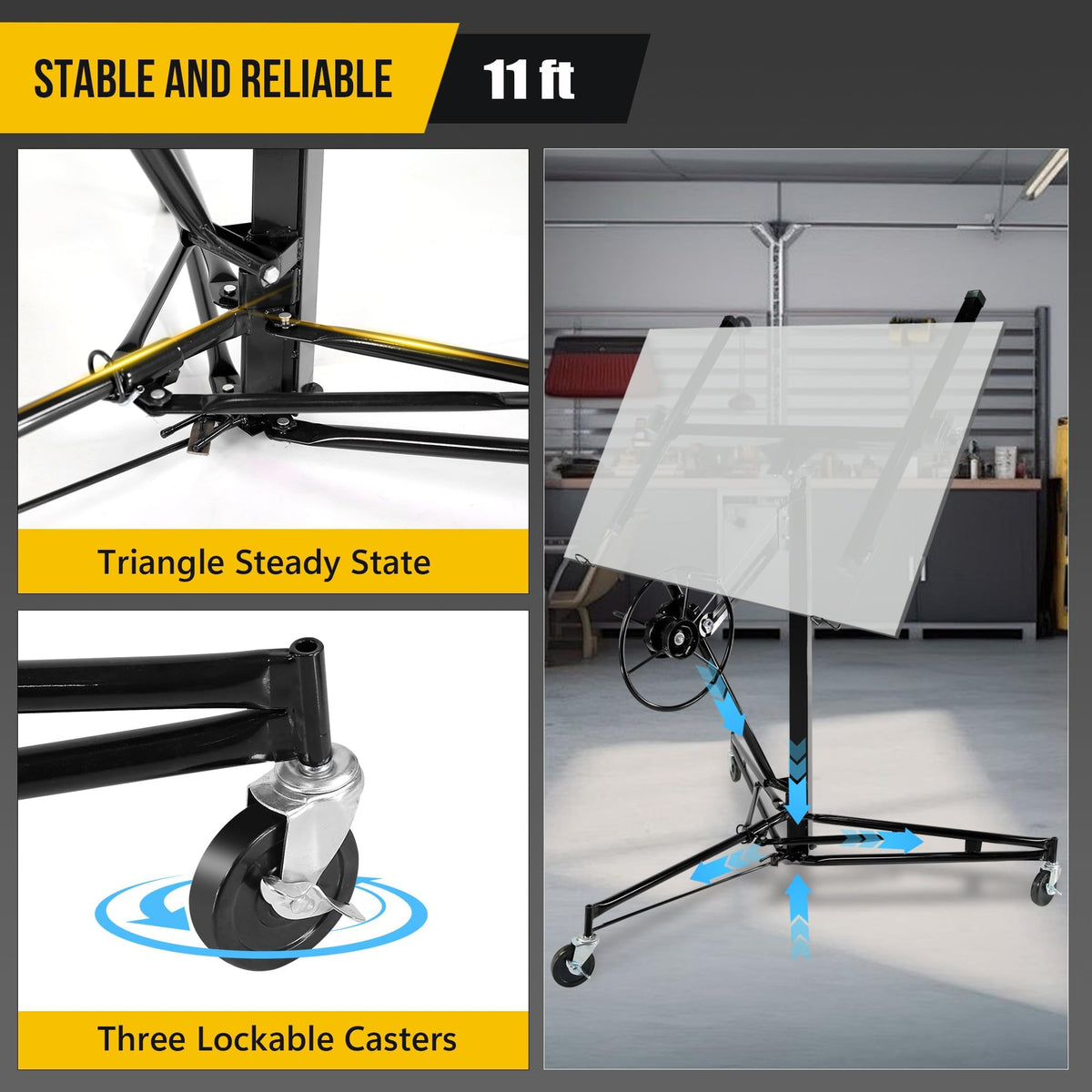 Heavy Duty 11FT Drywall Panel Lift, Telescopic Steel Arm & Locking Wheels