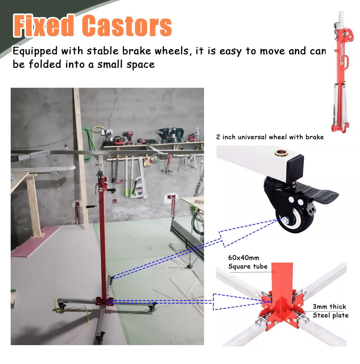 Drywall Lift Red Drywall Rolling Lifter Panel, 10/11.5/13/14.7/16.4 Ft Sheetrock Lifting Tools, Adjustable Ceiling Board Hoist Commercial, for Workshop Garage(3.0 m(10ft))