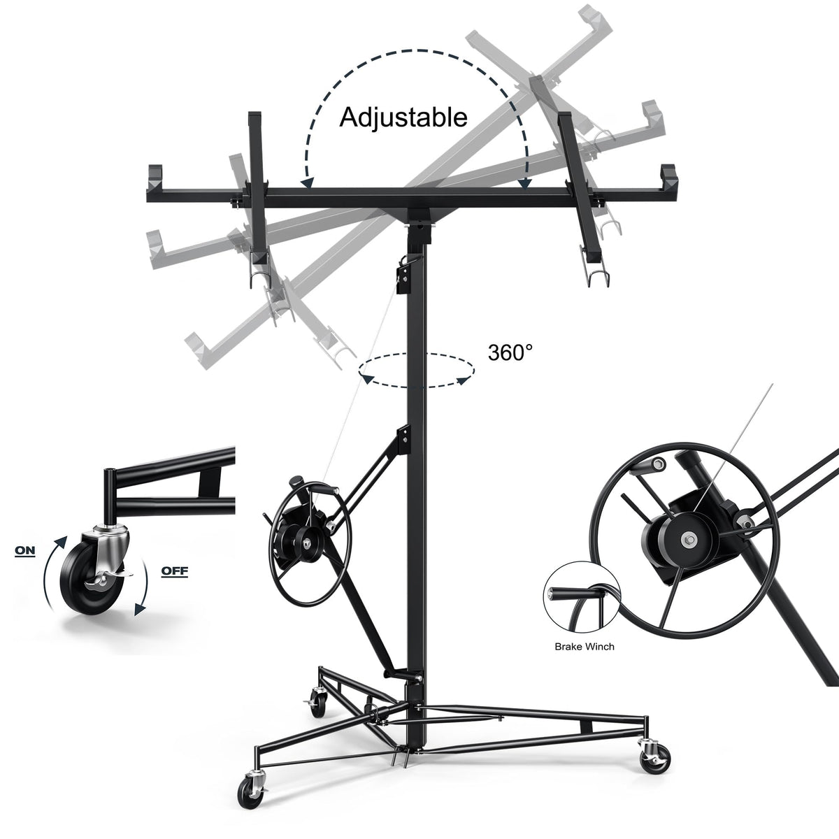 Heavy Duty Drywall Lift 13 Ft with 150LBS Capacity, Rolling Sheetrock Hoist Panel Jack, 360 Degree Adjustable Telescopic Arm, 3 Lockable Wheels for Easy Mobility and Stability,Black